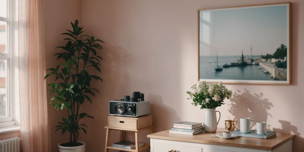 Small room with light pastel walls and cosy decor.