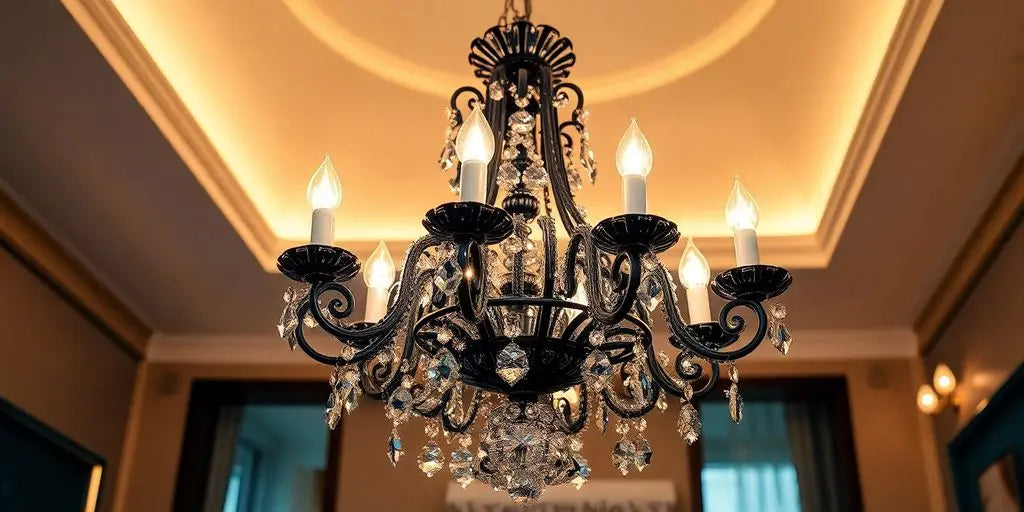 Elegant black glass chandelier in a stylish room.