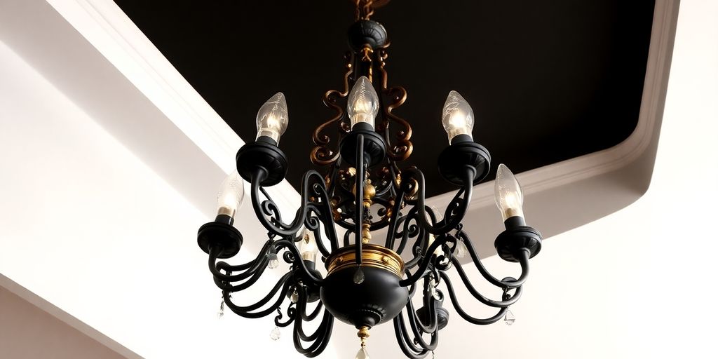 Elegant black and gold chandelier hanging from the ceiling.