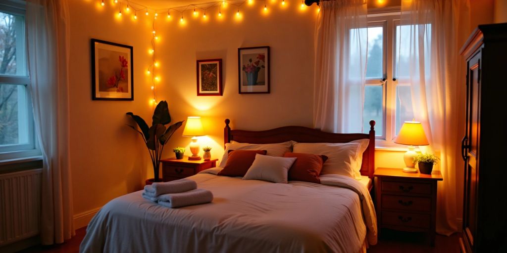 Cozy bedroom with ambient lighting.