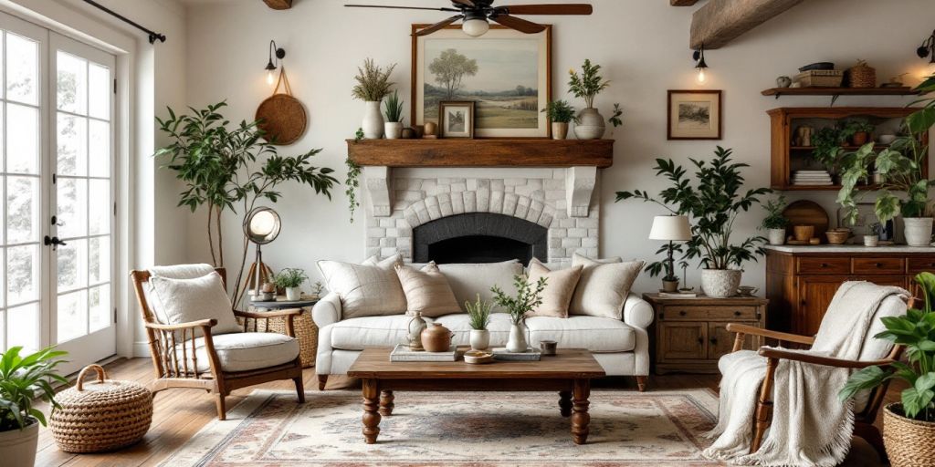 Cozy farmhouse living room with rustic decor elements.