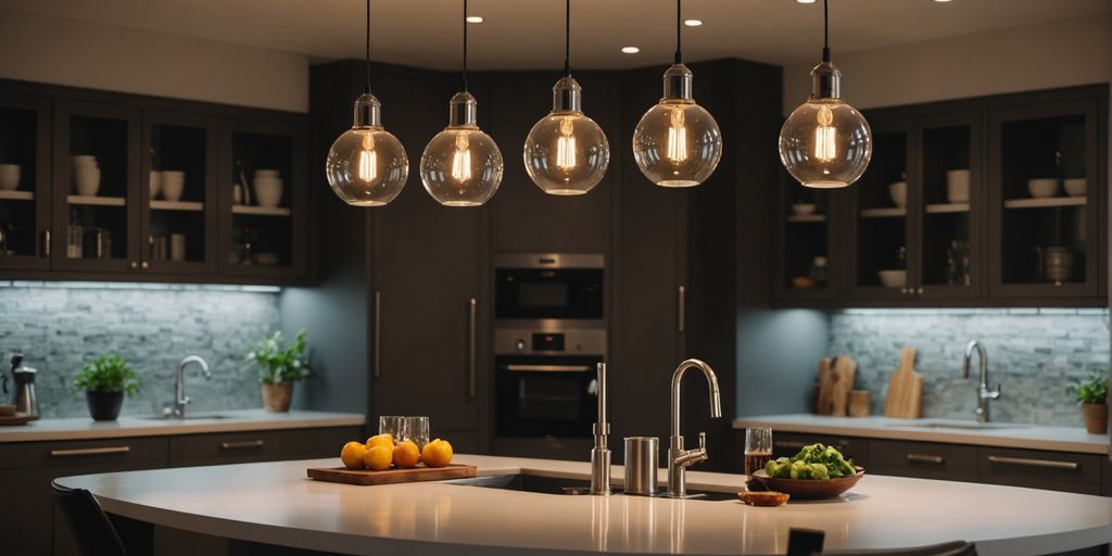 Dimmable pendant lights over a modern kitchen island.