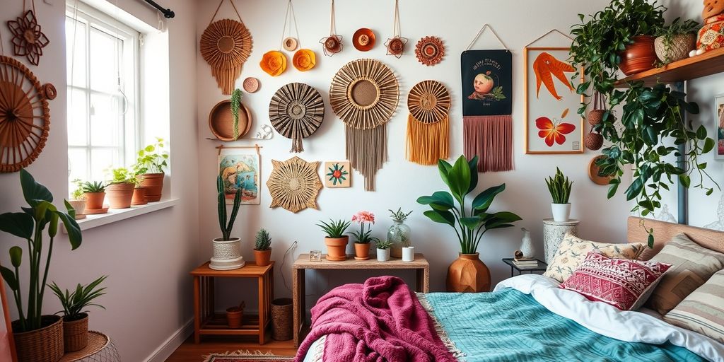 Cozy bedroom with creative wall decor and plants.