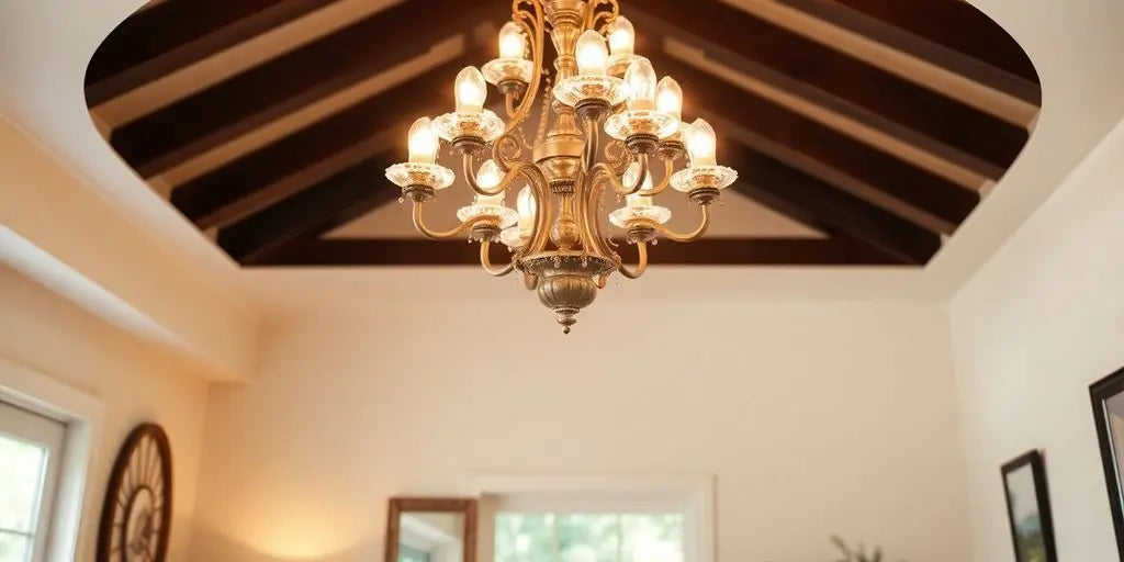 Elegant chandelier illuminating a stylish, cozy room.