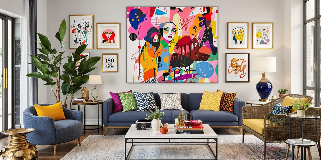 Colorful large wall decor in a stylish living room.