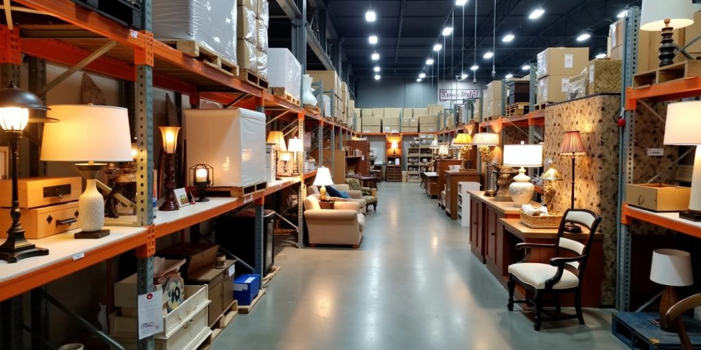 Interior of a lighting warehouse with various fixtures.