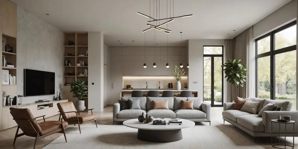 Modern living room with minimalist pendant lights
