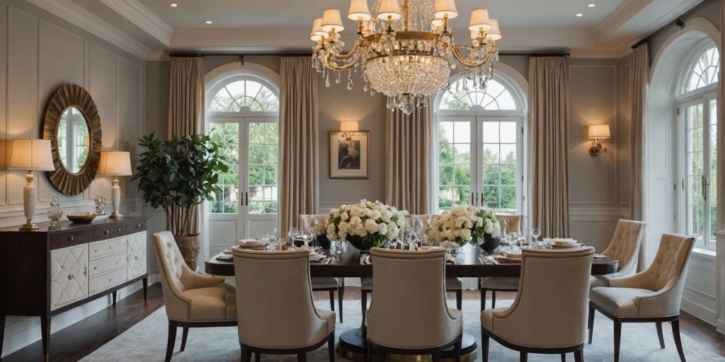 Elegant chandelier above a stylish dining table.