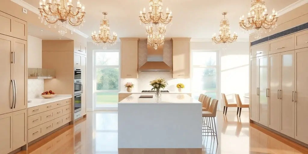 Modern kitchen with beautiful chandeliers and bright decor.