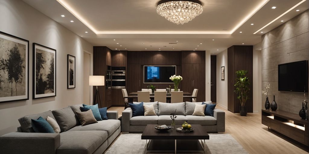 Modern living room with stylish ceiling lights