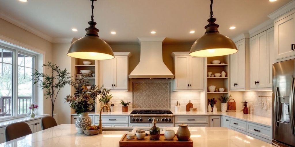 Modern kitchen with large, stylish ceiling lights.