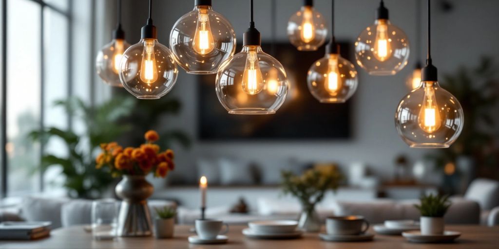 Stylish glass pendant lights in a modern room.