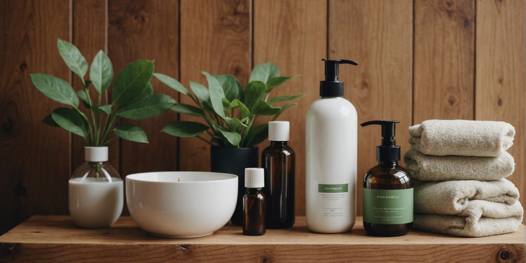 Eco-friendly bathroom products on a wooden shelf.