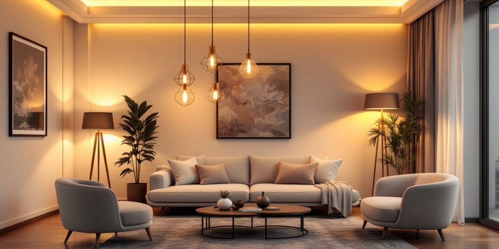 Modern living room with stylish lighting fixtures.