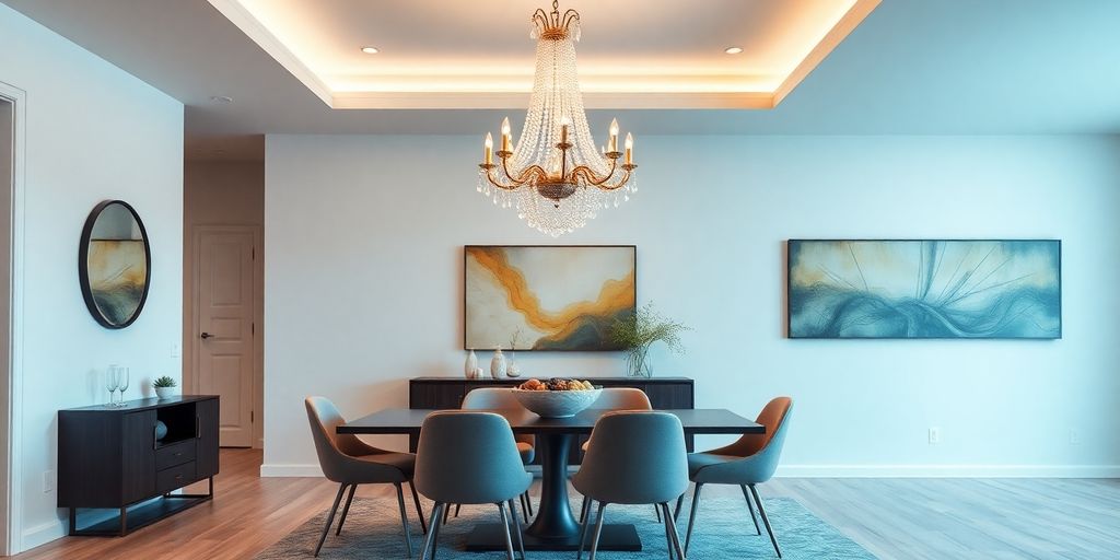 Contemporary dining room with elegant chandelier above table.