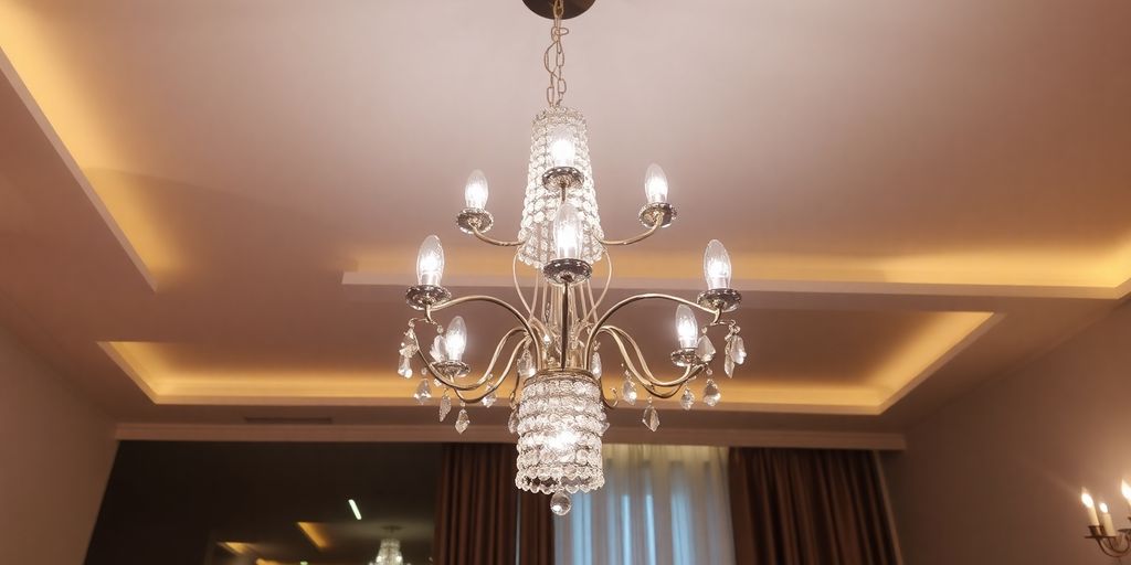 Contemporary crystal chandelier illuminating a stylish interior space.