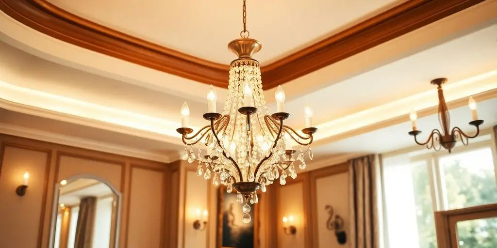 Stylish chandelier and lights illuminating a cozy room.