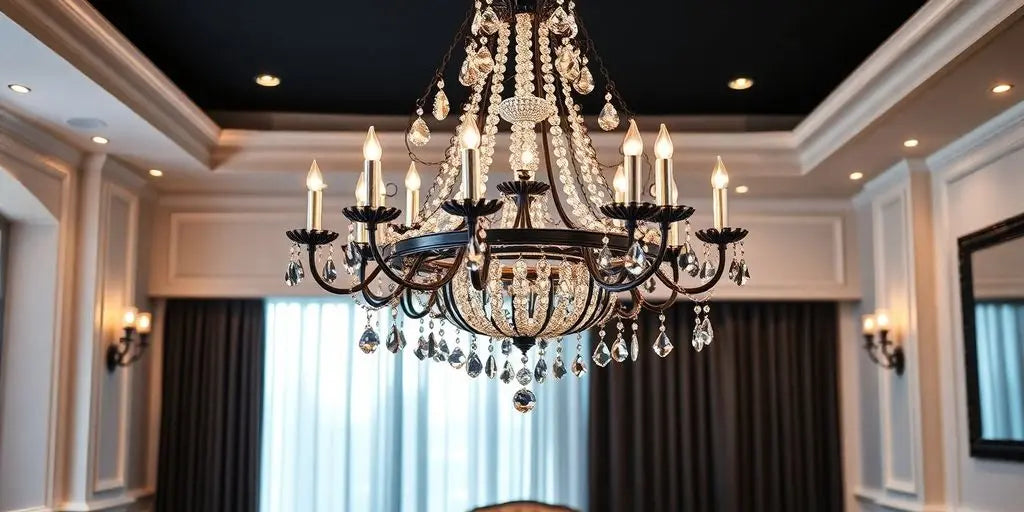 Black crystal chandelier above a classy dining room table.