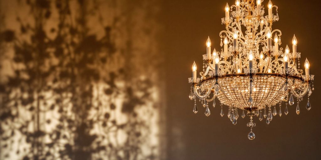 Elegant marble chandelier with crystals illuminating a room.