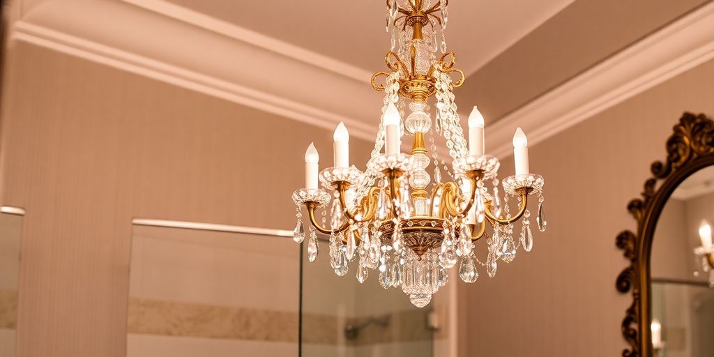 Elegant small bathroom chandelier with crystals and warm light.