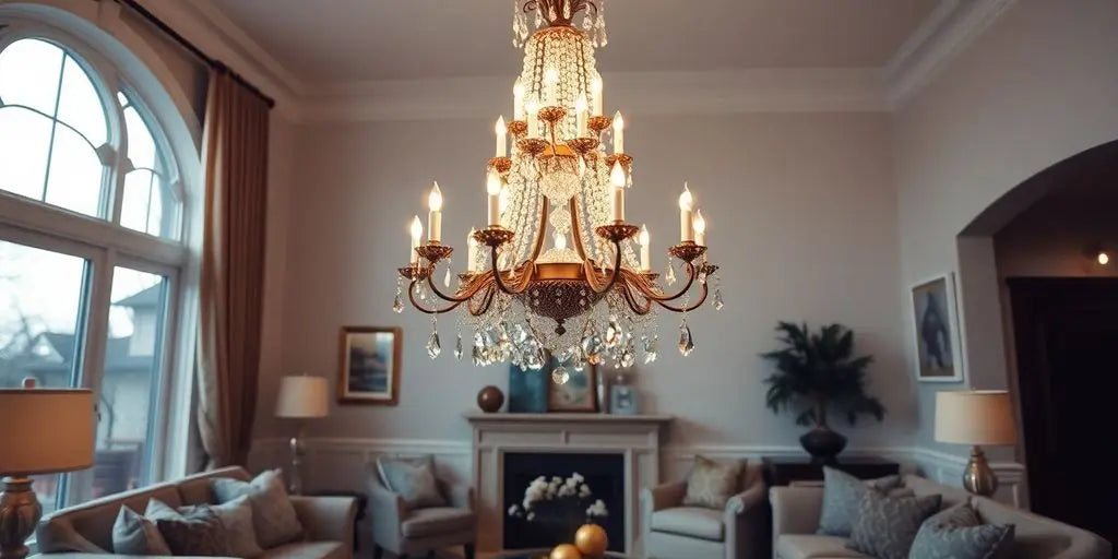 Elegant chandelier illuminating a stylish living room setting.