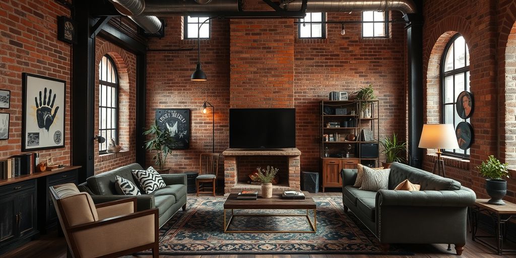 Industrial style living room with brick and metal decor.