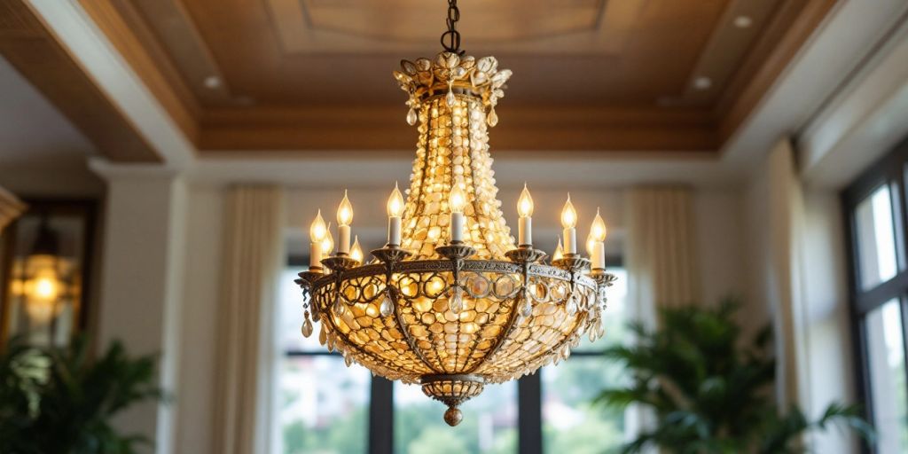 Natural stone chandelier illuminating a stylish interior space.