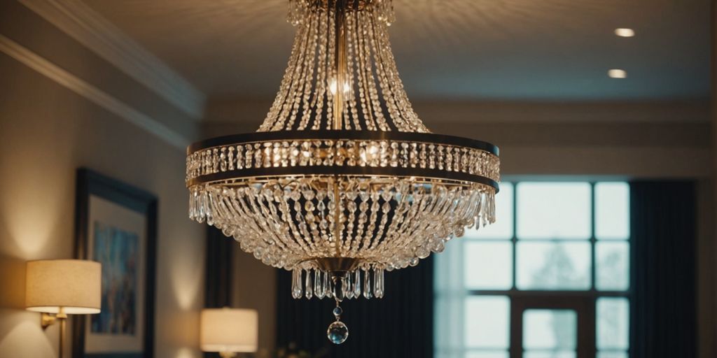 Chandelier in a modern room with low ceilings.