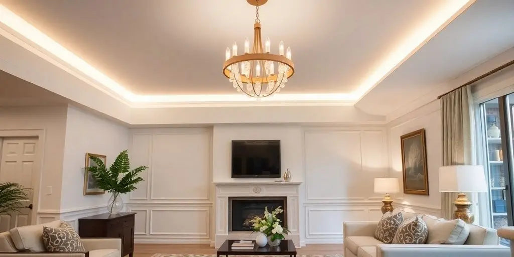 Elegant living room with a stylish ceiling light fixture.