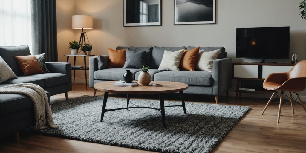 Living room featuring a stylish rug and modern decor