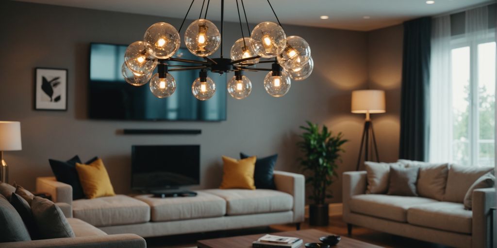 Modern living room with stylish lighting fixtures.