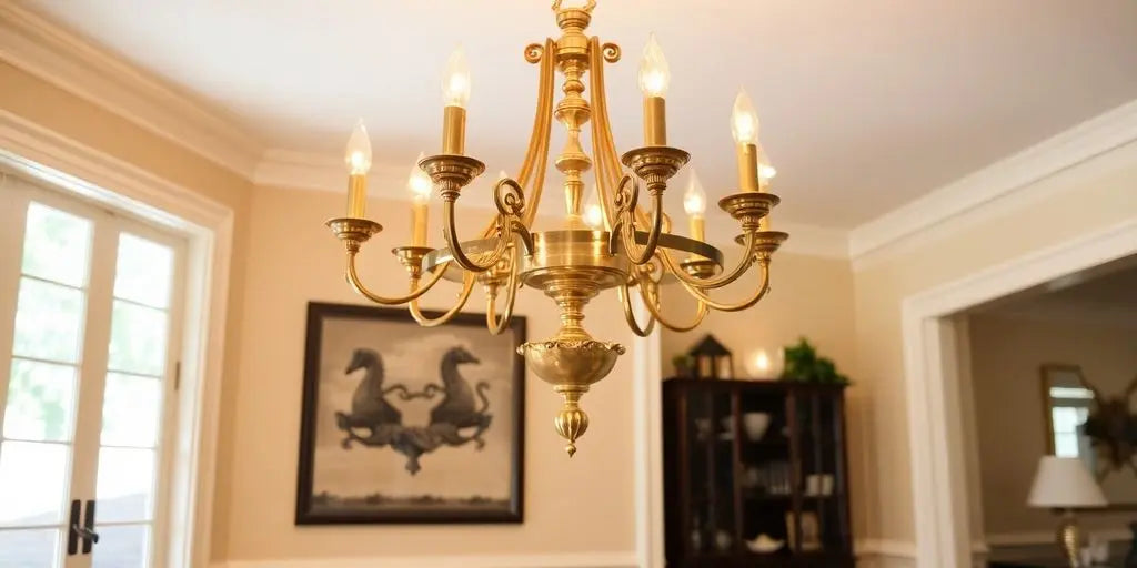 Elegant brass chandelier above a stylish dining table.