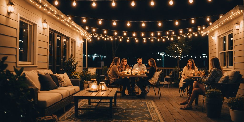 Outdoor patio with string lights and people enjoying evening.