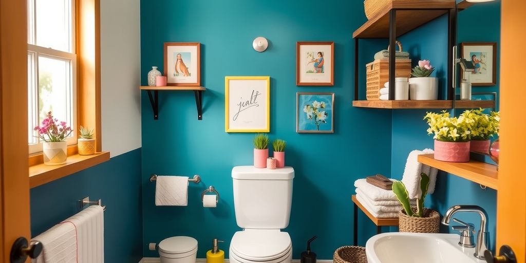 Stylish small bathroom with modern decor and efficient storage.