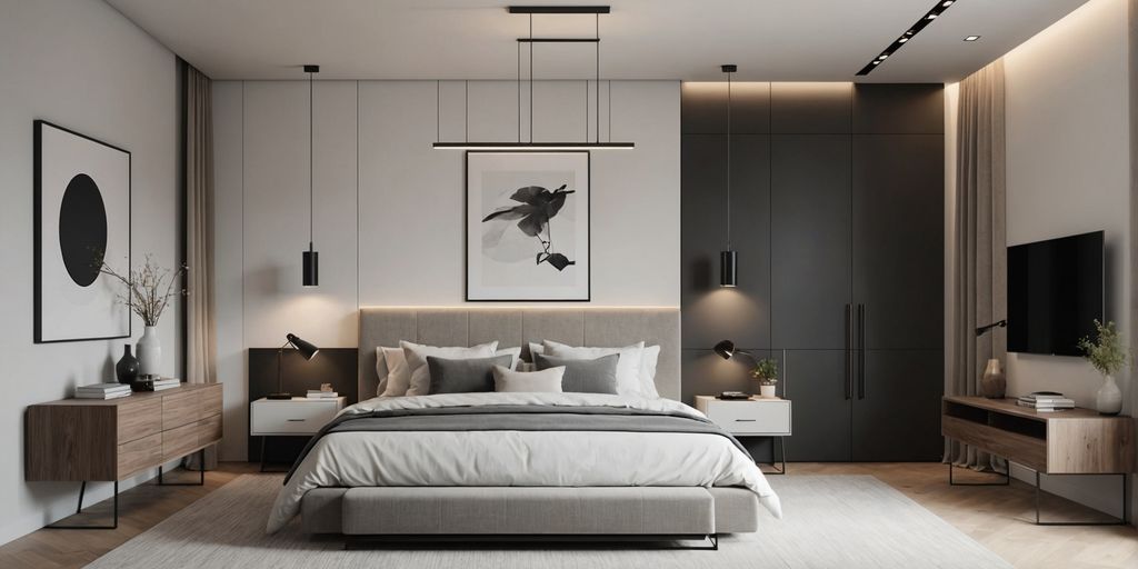 Modern bedroom with contemporary light fixtures