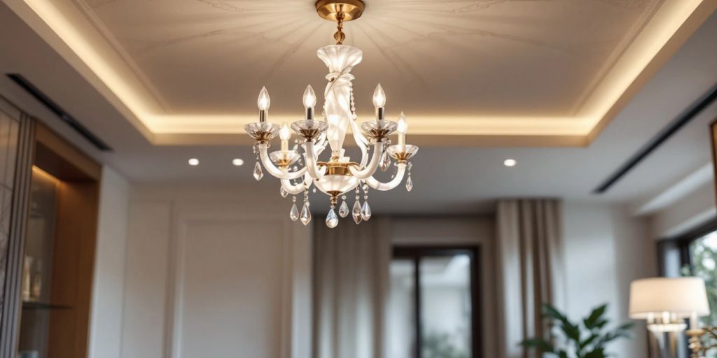 Elegant marble chandelier in a modern living room.