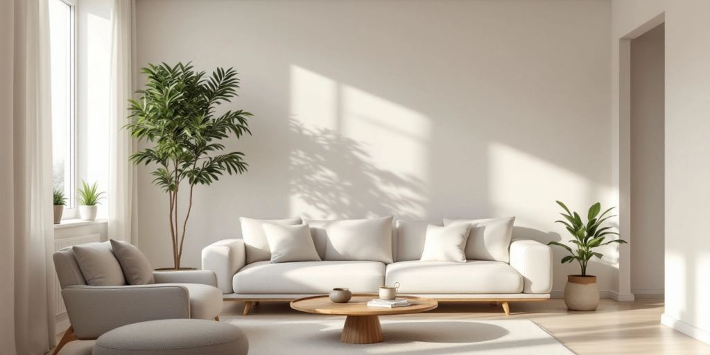 Minimalist living room with neutral tones and simple furniture.