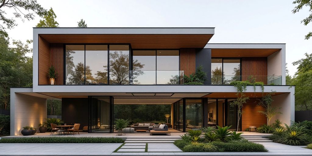 Inigo Modern House with glass facade and lush landscaping.