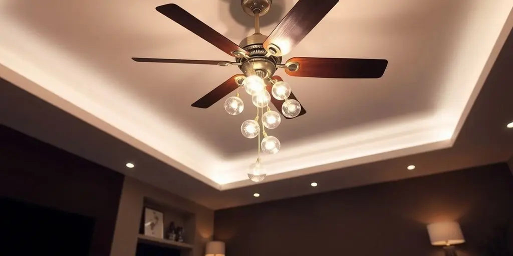 Chandelier with fan in a stylish living room setting.