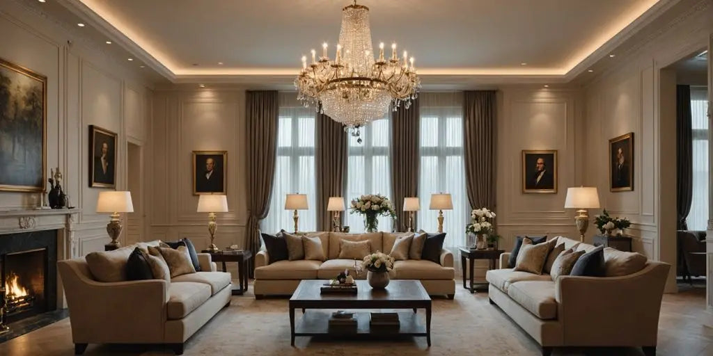 Elegant living room with grand chandelier