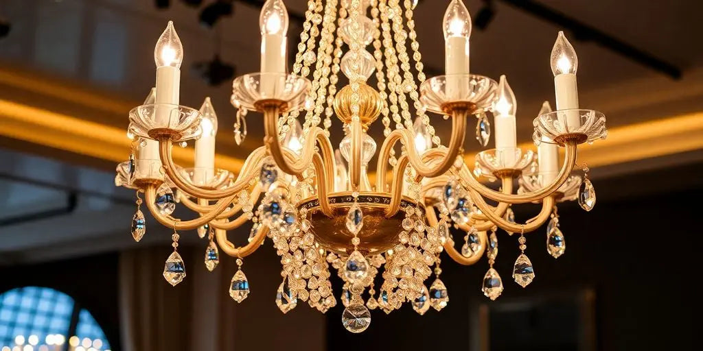 Elegant chandelier with shimmering crystals in a luxurious setting.