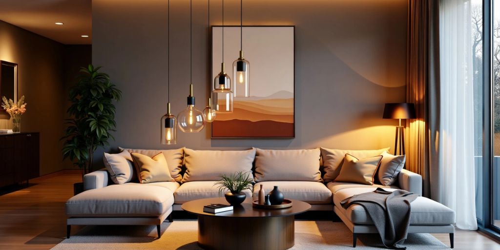 Modern living room with stylish pendant lights.