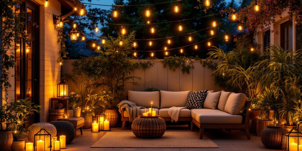 Cozy outdoor patio with glowing lights and seating.