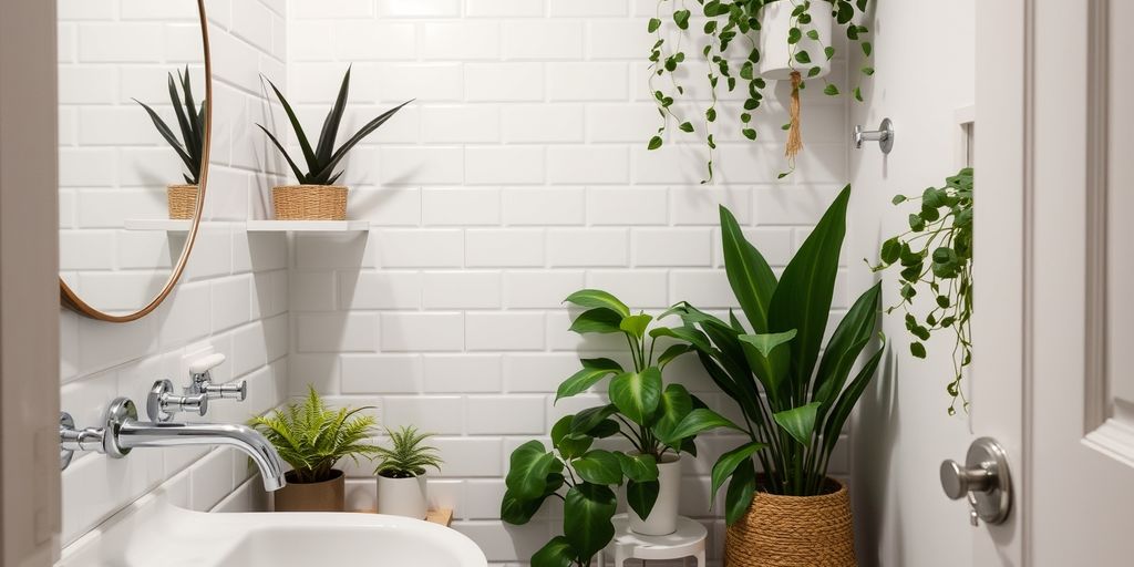 Stylish small bathroom with modern fixtures and plants.