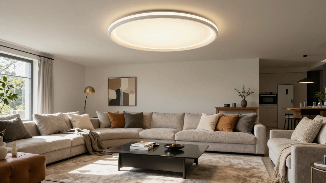 Modern ceiling flush mount light fixture in a bright room.