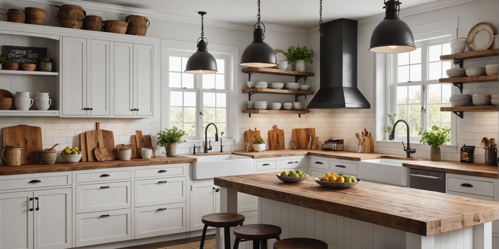 Modern farmhouse kitchen with white cabinets and wooden countertops.