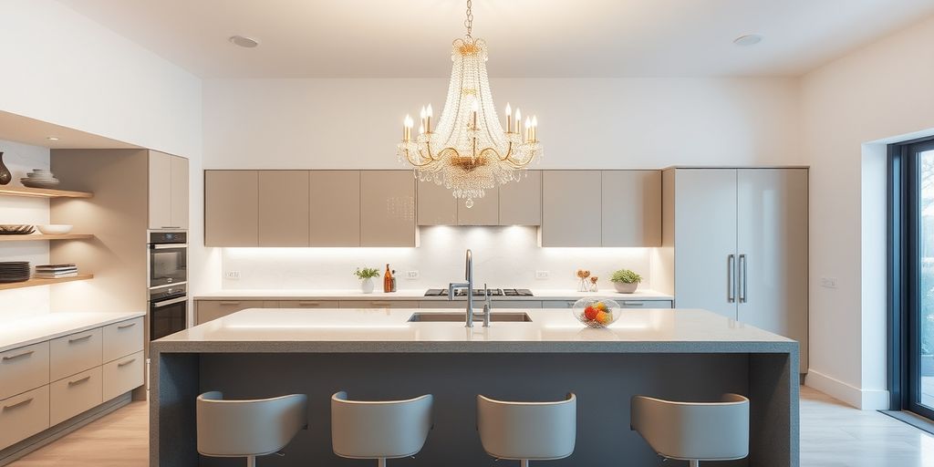 Luxurious chandelier above modern kitchen island