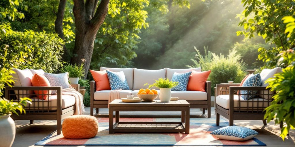 Stylish outdoor patio furniture with colorful cushions and greenery.