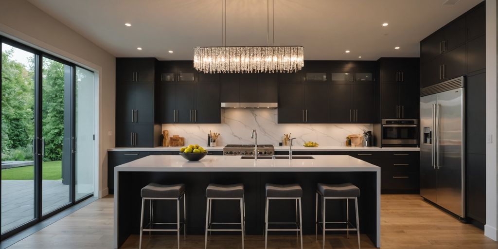 Modern kitchen island with stylish chandelier