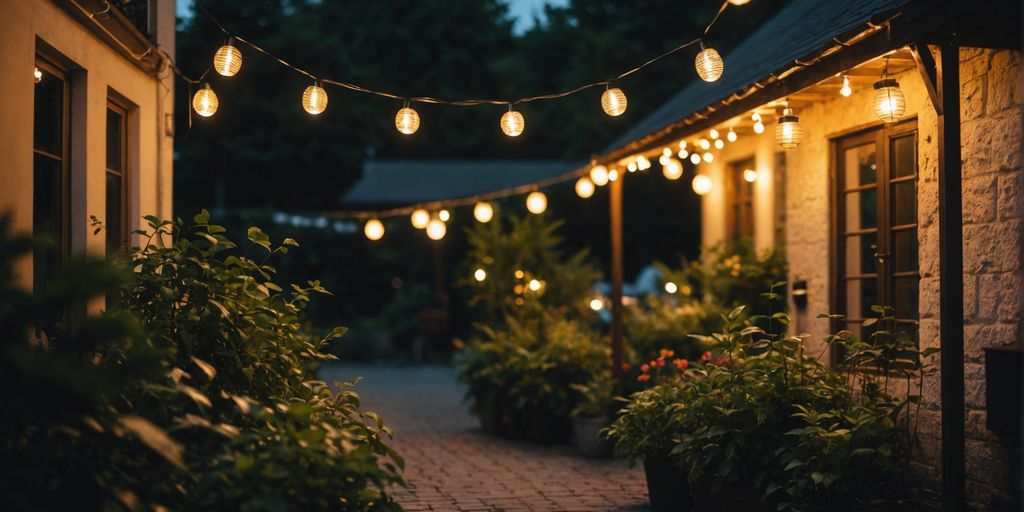 Small garden with string lights and lanterns at night